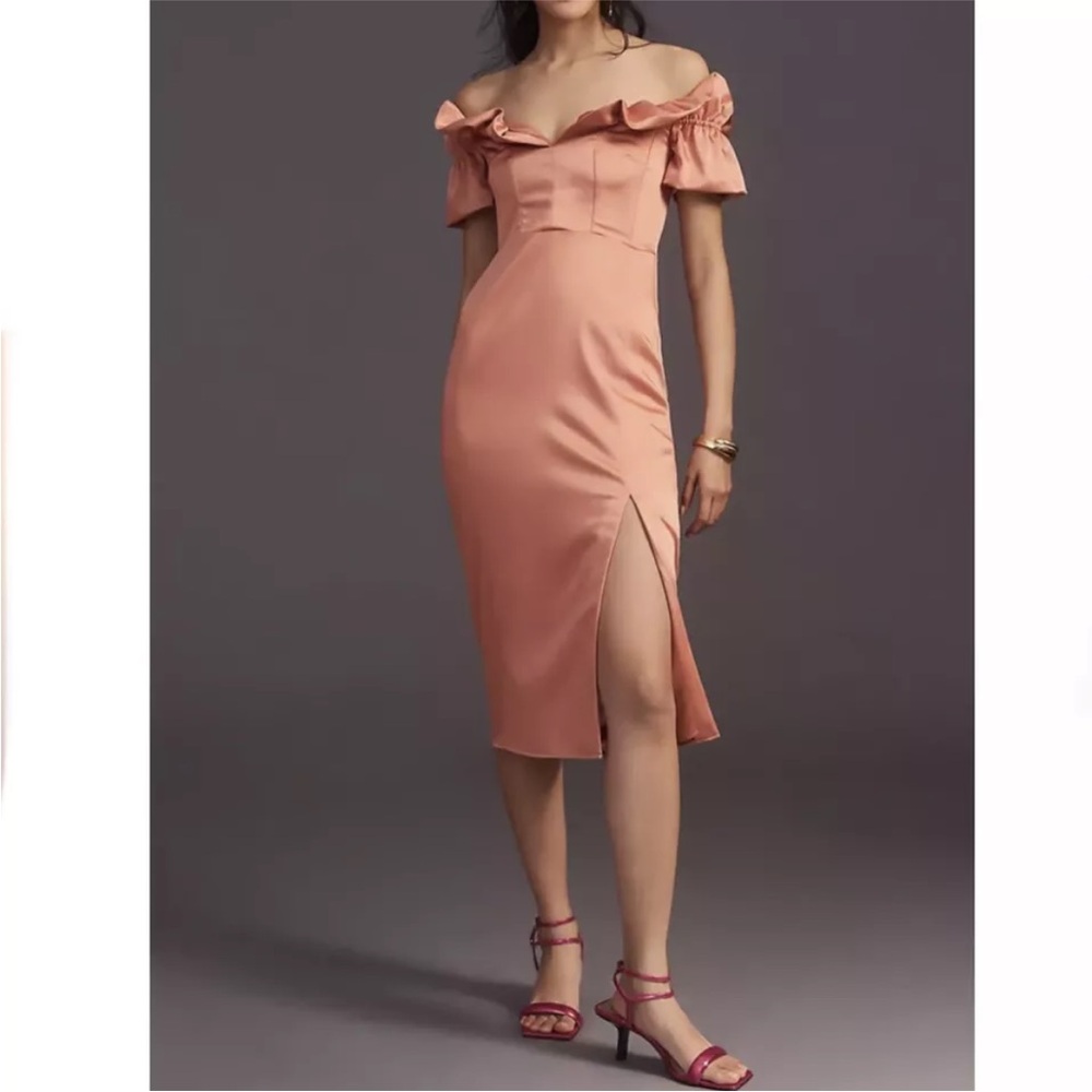 NWT ANTHROPOLOGIE Ruffled Off-The-Shoulder Dress pink satin Size Medium